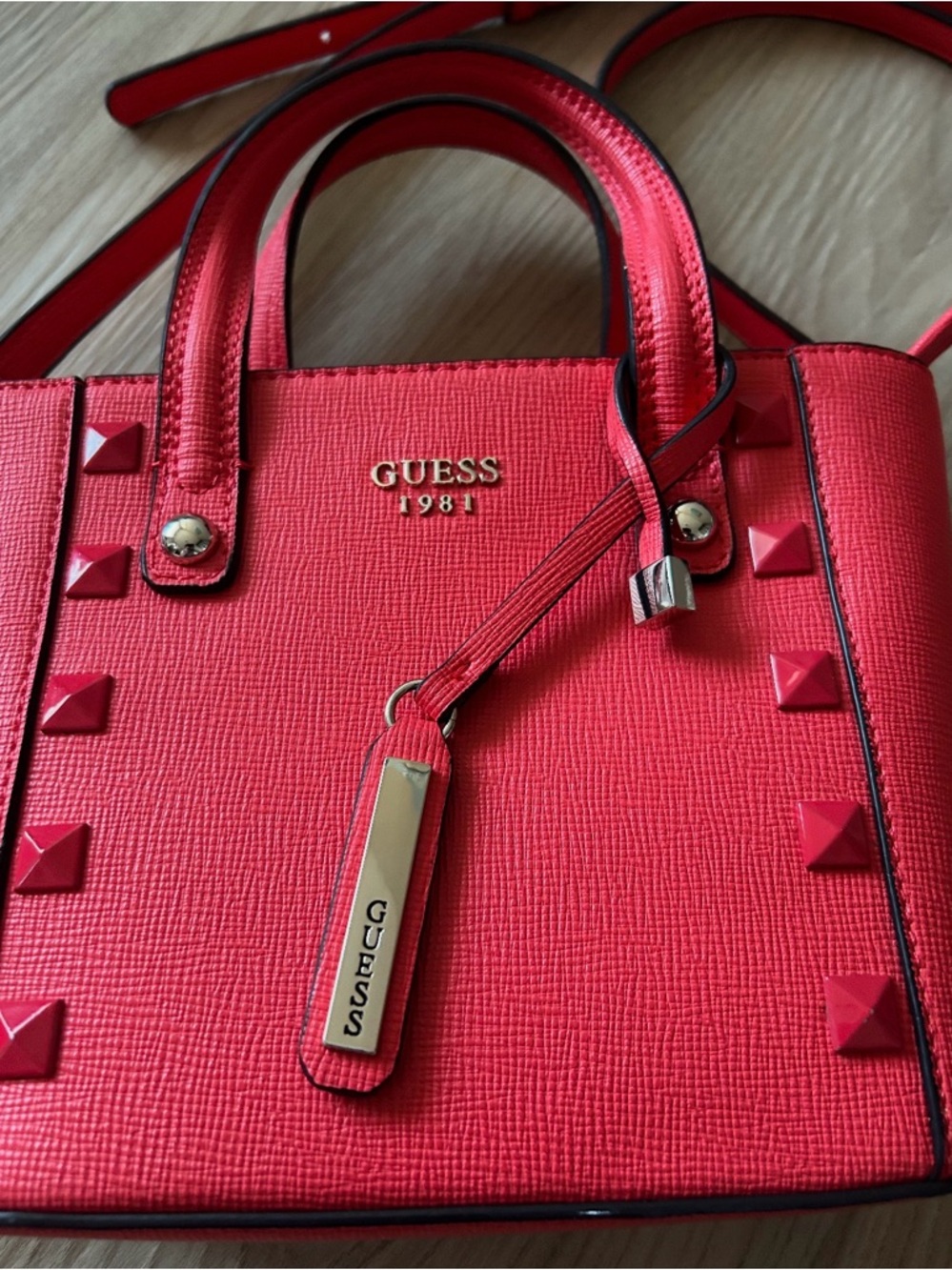 GUESS Kamryn Mini Tote Coral-Red with Pom Pom Charm - Picture 2 of 6